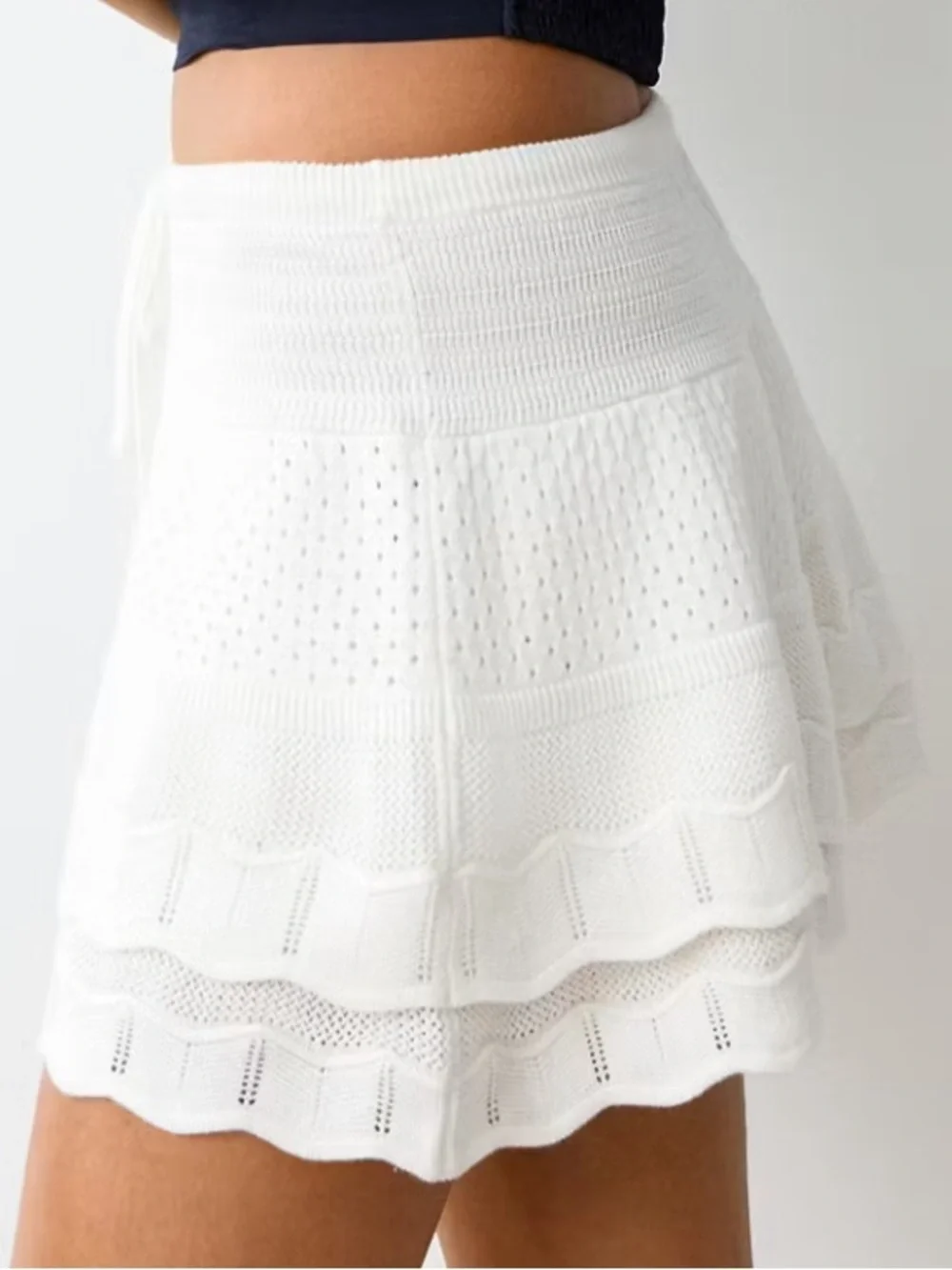 Mango White Knit Ruffle Drawstring Mini Skirt CROCHET RUFFLED SKIRT 9209